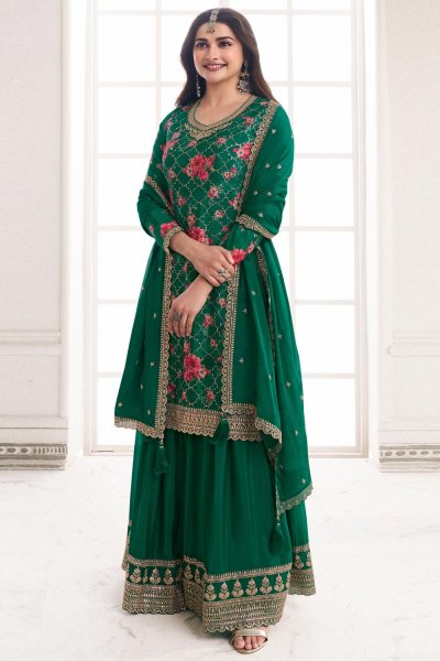 Dark Green Chinon Silk Printed & Embroidered Sharara Kurta Set