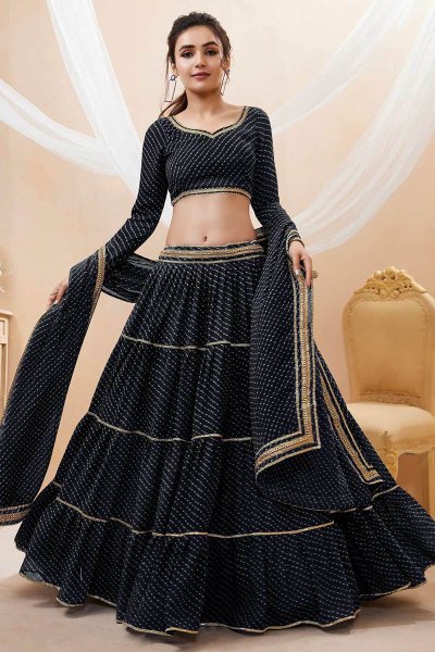 Black Georgette Printed & Embroidered Lehenga Set