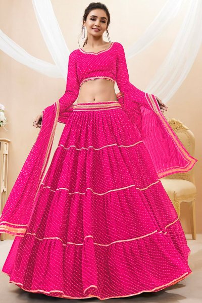 Fuchsia Pink Georgette Printed & Embroidered Lehenga Set