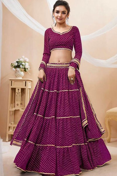 Wine Georgette Printed & Embroidered Lehenga Set