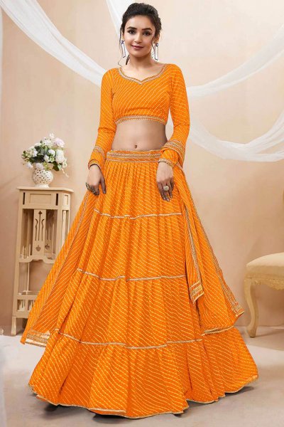 Mustard Georgette Printed & Embroidered Lehenga Set