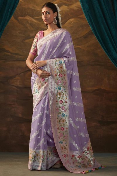 Lilac Silk Paithani Zari Weaved Saree