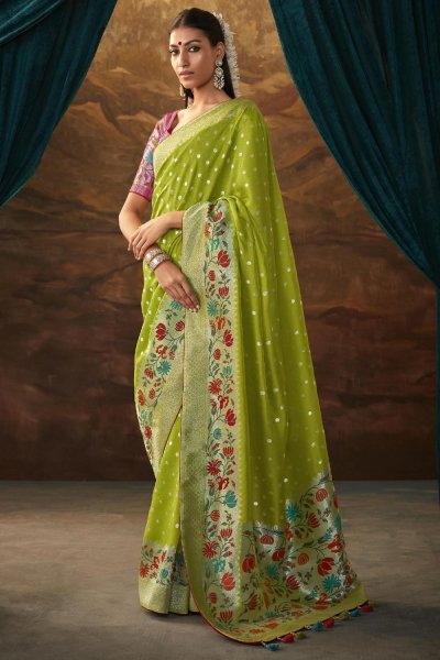 Lime Green Silk Paithani Zari Weaved Saree