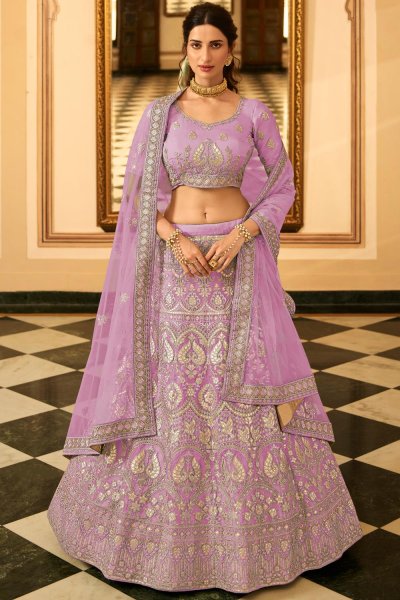 Lavender Pink Organza Silk Embellished Lehenga