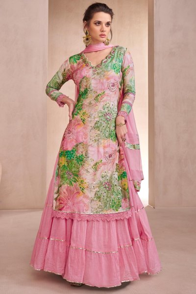 Pink Cotton Silk Printed & Embroidered Long Kurti With Attached Skirt Set