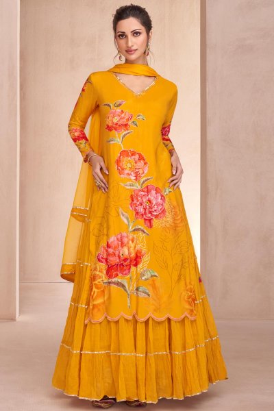 Mustard Cotton Printed & Embroidered Long Kurti With Attached Skirt Set