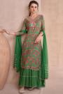 Green Cotton Silk Printed & Embroidered Long Kurti With Attached Skirt Set