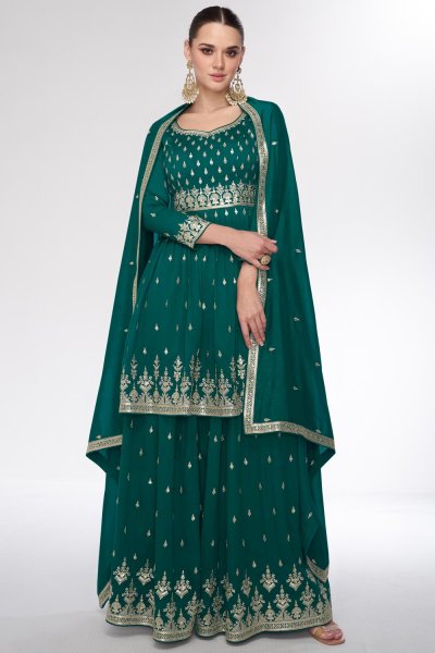 Dark Green Silk Embroidered Sharara Kurta Set