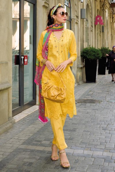 Yellow Cotton Kurta Set With Printed Organza Silk Dupatta