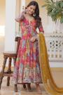 Red & Multicolor Silk Printed & Embroidered Anarkali Dress With Dupatta