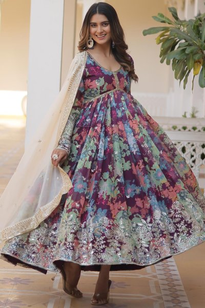 Plum & Multicolor Silk Printed & Embroidered Anarkali Dress With Dupatta