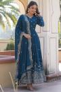 Prussian Blue Georgette Embroidered Anarkali Dress With Dupatta