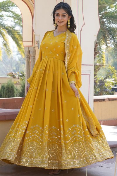 Yellow Georgette Embroidered Anarkali Dress With Dupatta