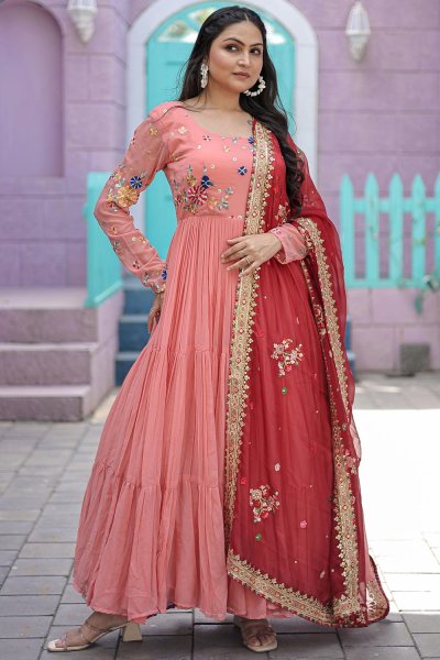 Peach Georgette Embroidered Anarkali Dress With Silk Dupatta