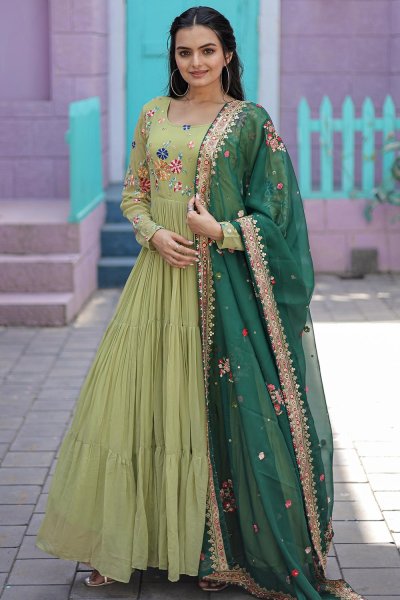 Pastel Green Georgette Embroidered Anarkali Dress With Silk Dupatta