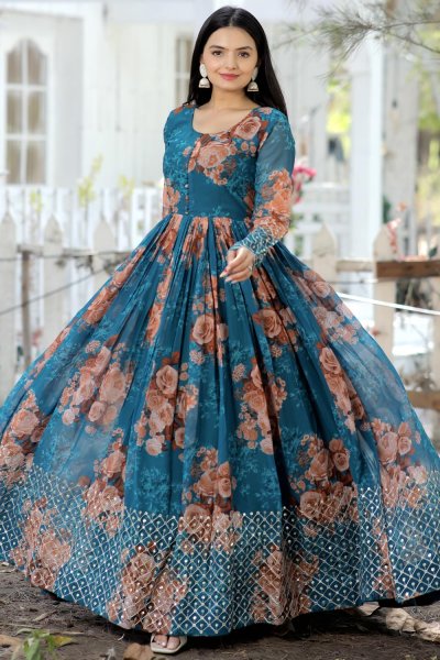 Prussian Blue Georgette Floral Print & Embroidered Anarkali Dress With Dupatta