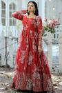 Red Georgette Floral Print & Embroidered Anarkali Dress With Dupatta