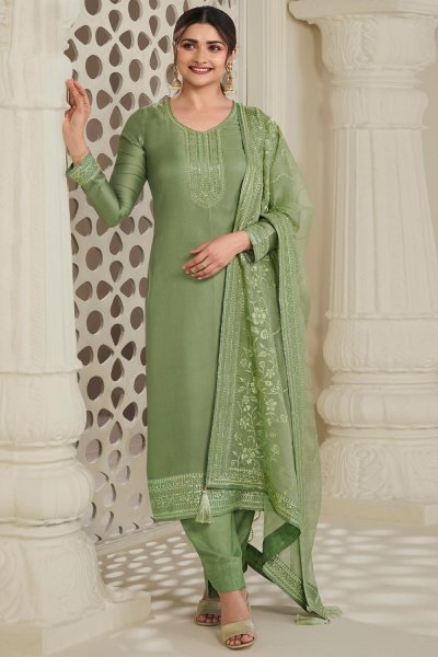 Pastel Green Satin Embroidered Kurta Set