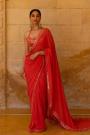 Red Georgette Embroidered Bordered Designer Saree