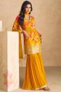 Mustard Chinon Silk Printed & Embroidered Sharara Kurta Set