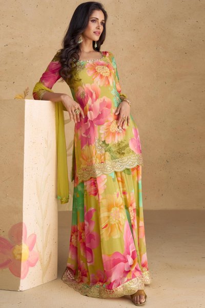 Multicolor Chinon Silk Printed & Embroidered Sharara Kurta Set