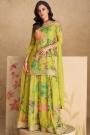 Pale Lime Green Chinon Silk Printed & Embroidered Sharara Kurta Set