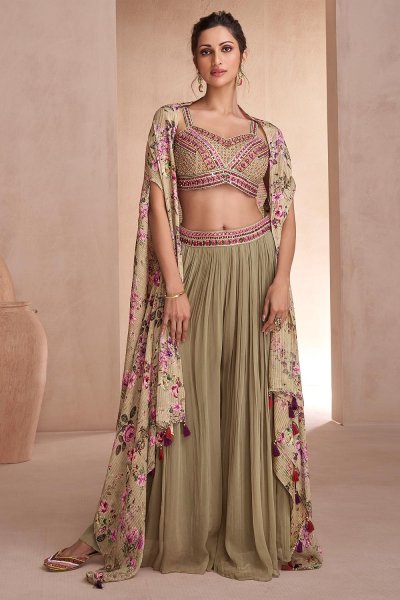 Olive & Beige Georgette & Chinon Silk Printed & Embroidered 3 Piece Attire