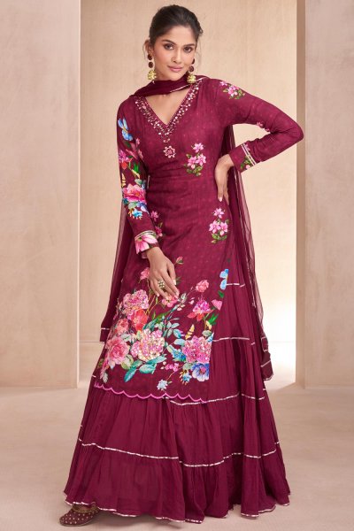 Dark Pink Cotton Silk Printed & Embroidered Long Kurti With Attached Skirt Set