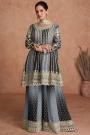 Grey & Black Chinon Silk Embroidered Sharara Kurta Set