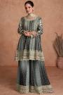 Dark Grey & Black Chinon Silk Embroidered Sharara Kurta Set