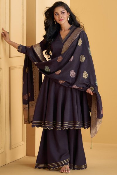 Deep Plum Silk Weaved Sharara Kurta Set