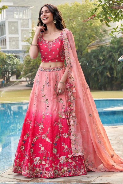 Coral & Peach Embroidered Organza Silk Lehenga Set