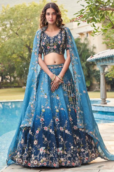 Blue & Navy Blue Embroidered Organza Silk Lehenga Set