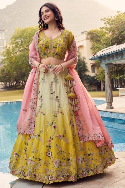 Yellow & Mustard Embroidered Organza Silk Lehenga Set