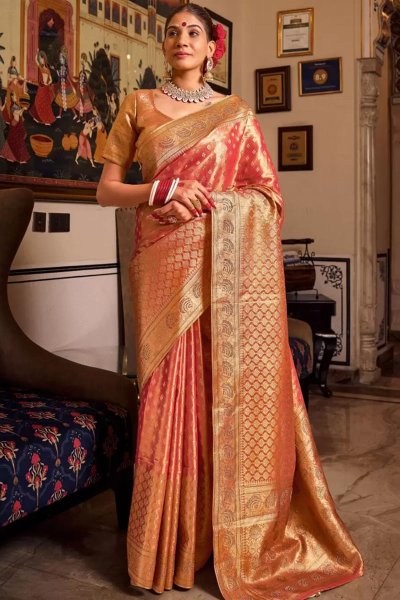 Coral Tissue Silk Zari Weaved & Embellished Saree