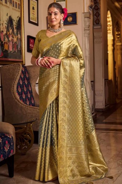 Olive Tissue Silk Zari Weaved & Embellished Saree