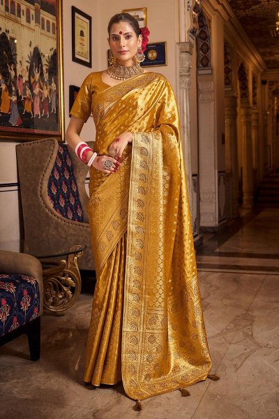 Mustard Tissue Silk Zari Weaved & Embellished Saree
