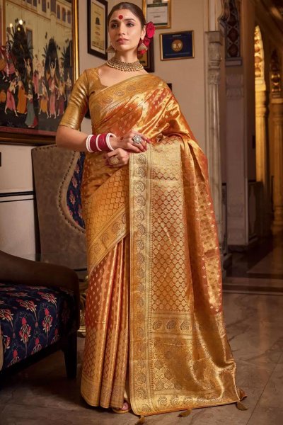 Orange Tissue Silk Zari Weaved & Embellished Saree