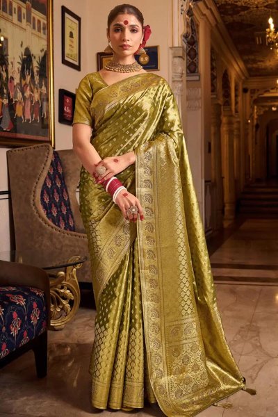 Fern Green Tissue Silk Zari Weaved & Embellished Saree