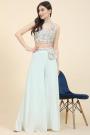 Light Pastel Blue Georgette Embroidered Indowestern Top & Palazzo Set With Dupatta