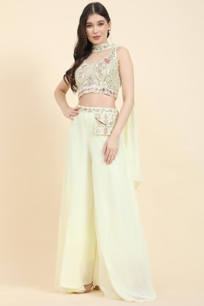 Pale Yellow Georgette Embroidered Indowestern Top & Palazzo Set With Dupatta
