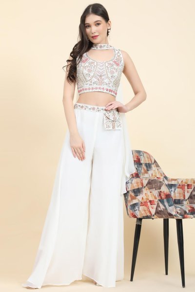 Ivory Georgette Embroidered Indowestern Top & Palazzo Set With Dupatta