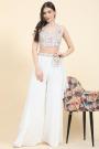 Ivory White Georgette Embroidered Indowestern Top & Palazzo Set With Dupatta