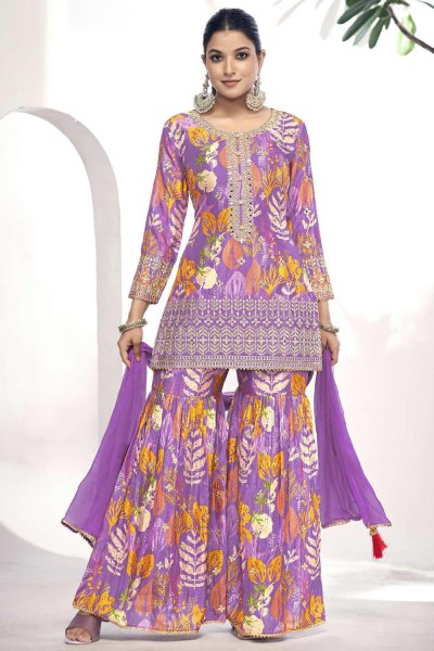Lilac Chinon Silk Printed & Embroidered Sharara Kurta Set
