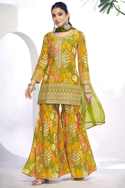 Lime Green Chinon Silk Printed & Embroidered Sharara Kurta Set