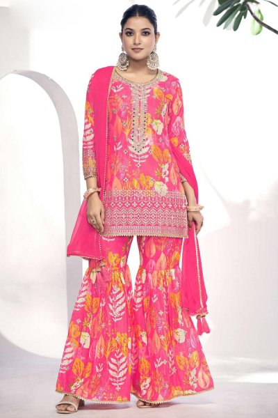 Pink Chinon Silk Printed & Embroidered Sharara Kurta Set