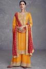 Mustard & Red Bandhani Print & Embroidered Chinon Silk Kurta Set