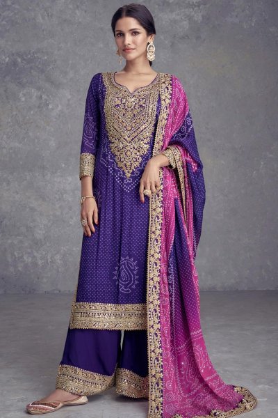 Purple & Pink Bandhani Print & Embroidered Chinon Silk Kurta Set
