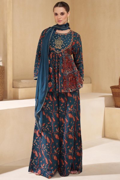 Prussian Blue Crepe Silk Bagru Printed & Embroidered Co-ord Set With Dupatta