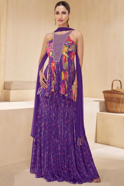Purple & Multicolor Chinon Silk Printed & Embroidered Indo-western Sharara Kurta Set